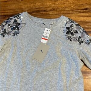 Tommy Bahama Gray Long Sleeve Tee with Black Floral Embellishments
